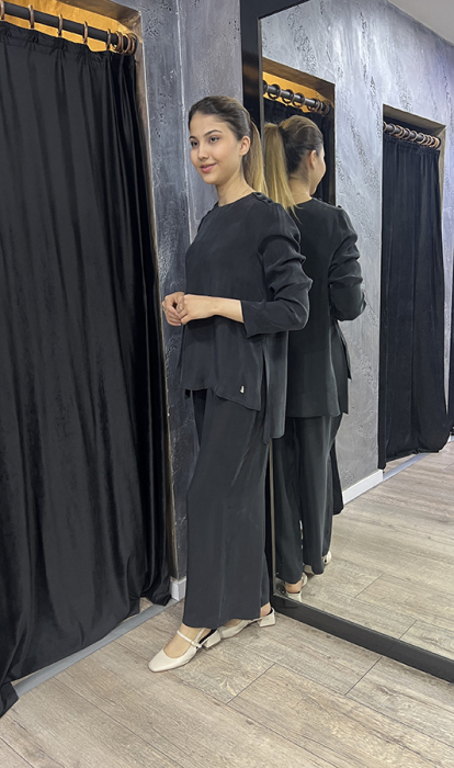 Miss Dalida Yuvarlak Yaka Düğme Detaylı Cupra Tunik BLACK - 5