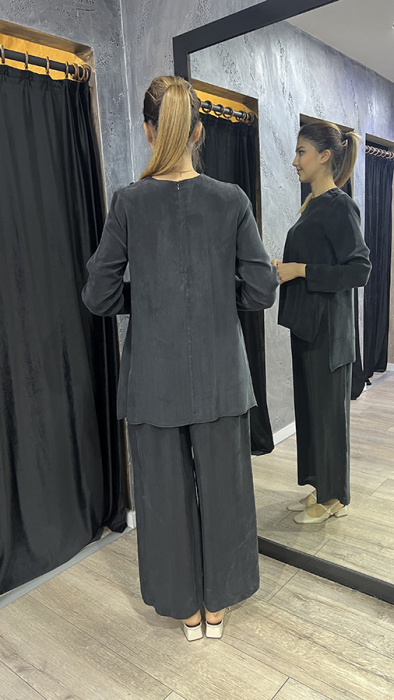 Miss Dalida Yuvarlak Yaka Düğme Detaylı Cupra Tunik BLACK - 6