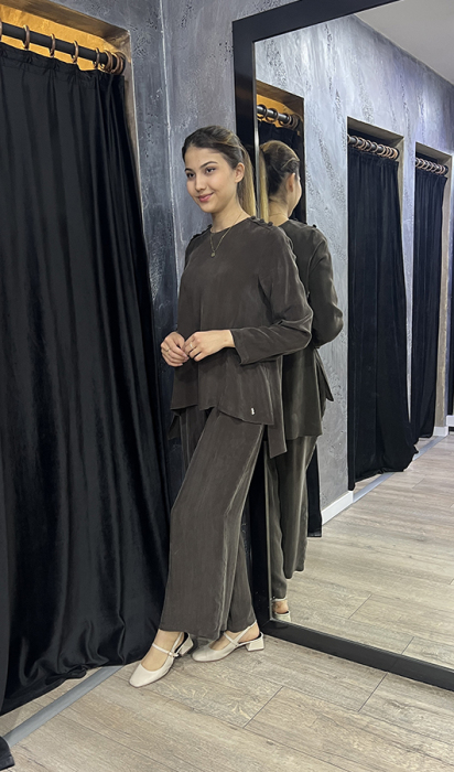 Miss Dalida Yuvarlak Yaka Düğme Detaylı Cupra Tunik Cacao - 3