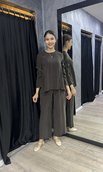 Miss Dalida Yuvarlak Yaka Düğme Detaylı Cupra Tunik Cacao - 1