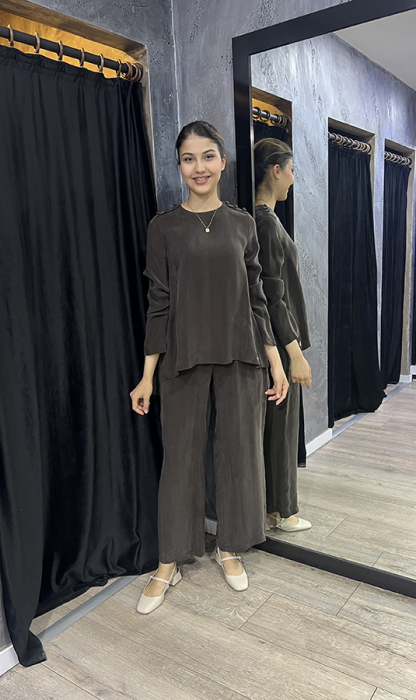Miss Dalida Yuvarlak Yaka Düğme Detaylı Cupra Tunik Cacao - 4