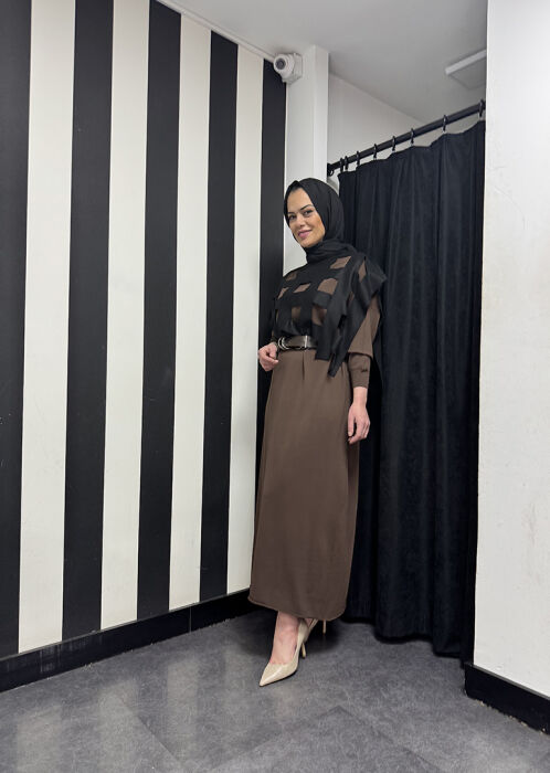 Miss Whence Deri Kemer Detaylı Boğazlı Triko Elbise KAHVE - 3