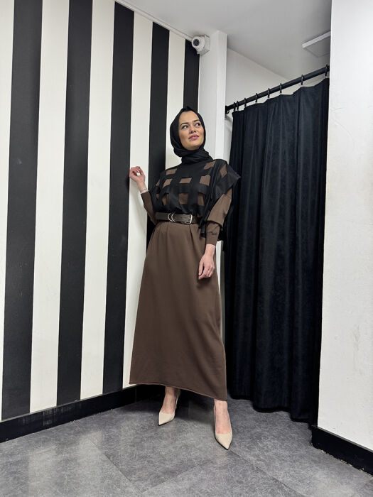 Miss Whence Deri Kemer Detaylı Boğazlı Triko Elbise KAHVE - 1