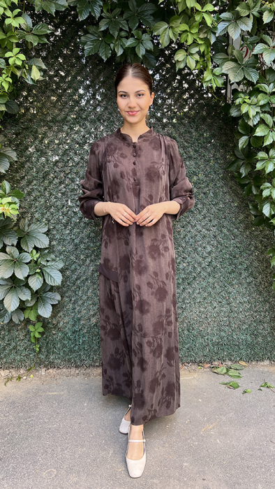 Miss Whence Gül Deseli İpek Elbise KAHVE - 1