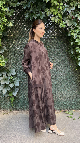 Miss Whence Gül Deseli İpek Elbise KAHVE - 2