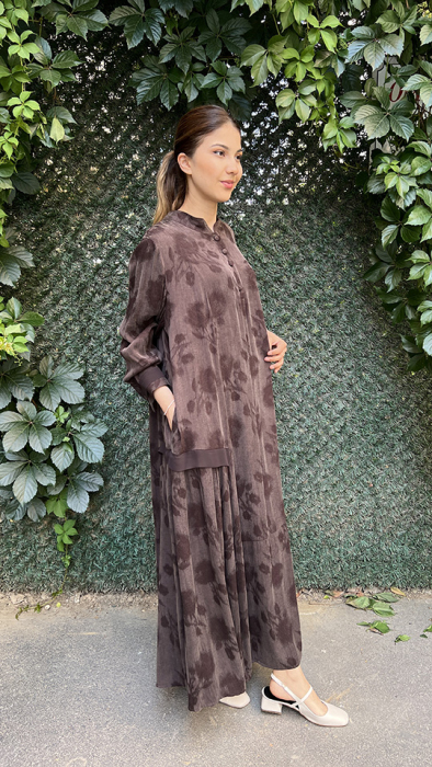 Miss Whence Gül Deseli İpek Elbise KAHVE - 2