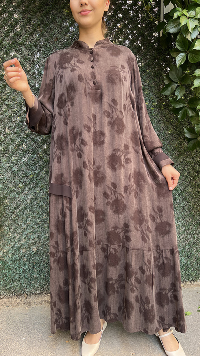 Miss Whence Gül Deseli İpek Elbise KAHVE - 4