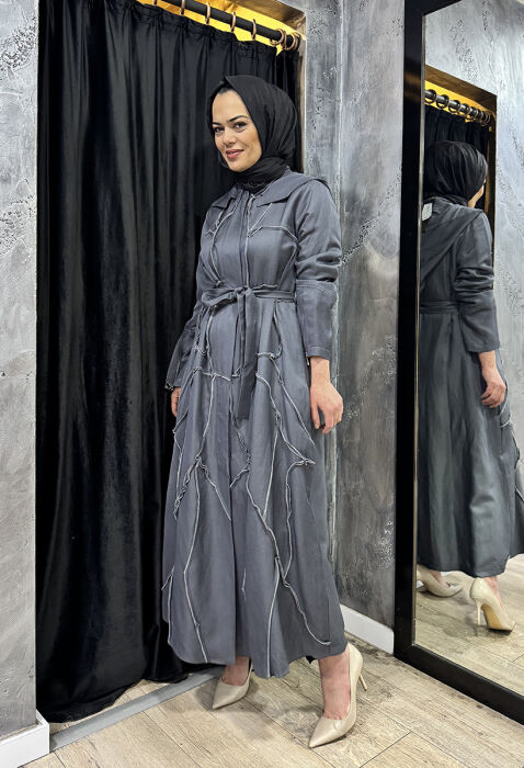 Miss Whence Kolları Fermuar Detaylı Kuşaklı Pardesü GRİ - 2