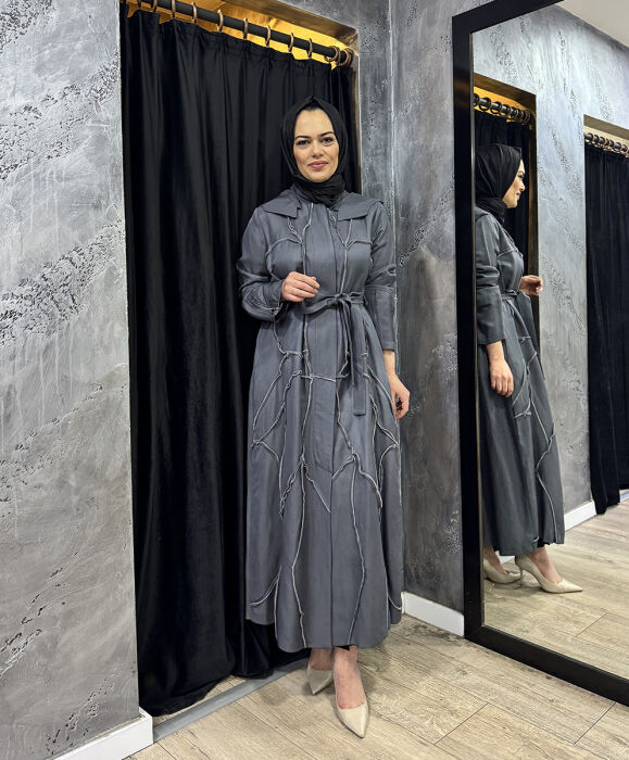 Miss Whence Kolları Fermuar Detaylı Kuşaklı Pardesü GRİ - 1
