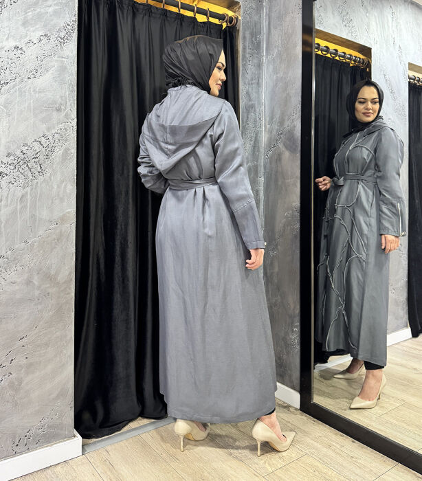 Miss Whence Kolları Fermuar Detaylı Kuşaklı Pardesü GRİ - 3