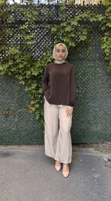 Miss Whence Omuzu Ekli İpek Tunik KAHVE - 1