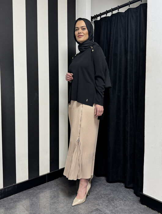 Miss Whence Yandan Fermuarlı Pliseli Etek BEJ - 4