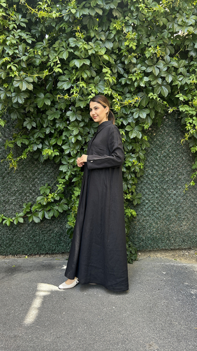 MissDalida Cepli Düz Renk Keten Gömlek Elbise BLACK - 2