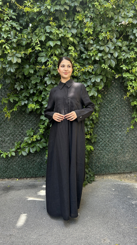 MissDalida Cepli Düz Renk Keten Gömlek Elbise BLACK - 3
