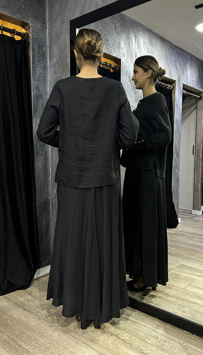 MissDalida Düz Renk Keten Kloş Etek BLACK - 5