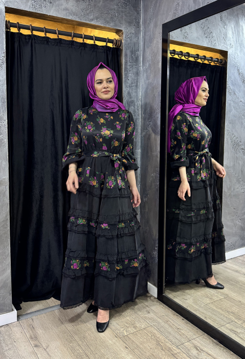 MissWhence Baskılı Fırfırlı Elbise SİYAH - 1