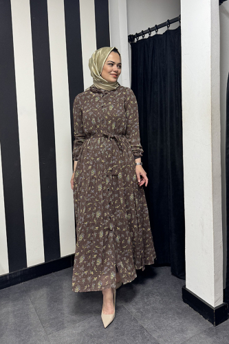 MissWhence Çiçek Desenli Boynu Büzgülü Şifon Elbise VİZON - 2