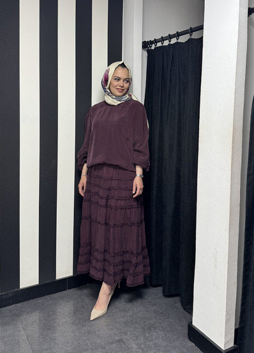 MissWhence Eteği Bilek Ucun Dantelli Takım BORDO - 2