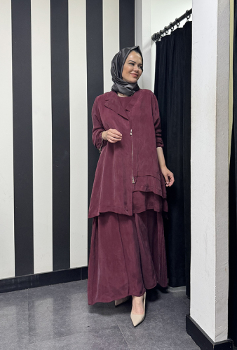 MissWhence Önü Fermuarlı Üçlü Takım BORDO - 2
