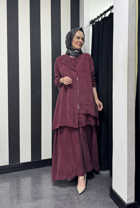 MissWhence Önü Fermuarlı Üçlü Takım BORDO - 2