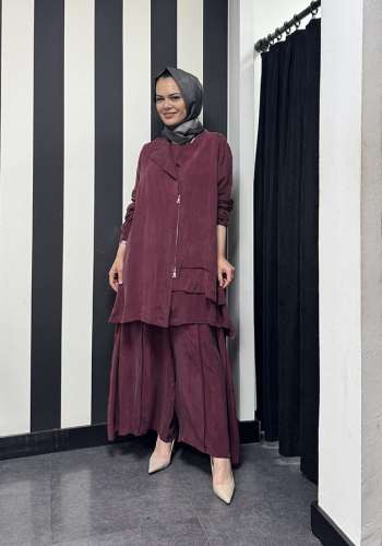 MissWhence Önü Fermuarlı Üçlü Takım BORDO 