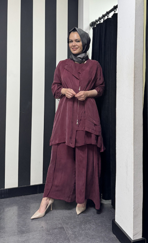 MissWhence Önü Fermuarlı Üçlü Takım BORDO - 3