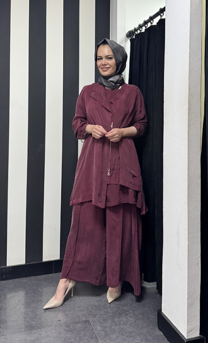 MissWhence Önü Fermuarlı Üçlü Takım BORDO - 3