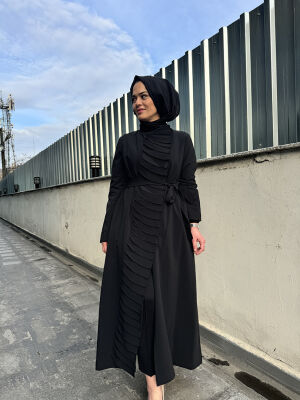 MissWhence Önü Parça Detaylı Kemerli Pardesü SİYAH - 2