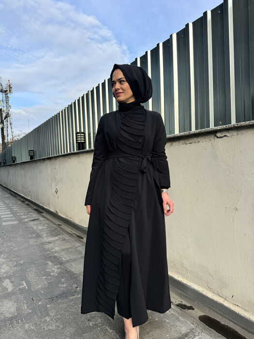 MissWhence Önü Parça Detaylı Kemerli Pardesü SİYAH - 2