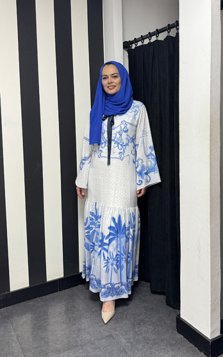 Noi Buuble Krep Etekucu Sulu Damask Desenli Grogenli Elbise MAVİ - 2