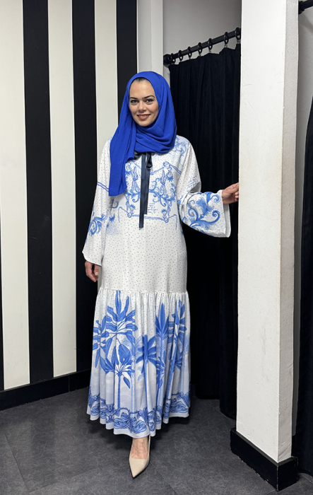 Noi Buuble Krep Etekucu Sulu Damask Desenli Grogenli Elbise MAVİ - 1