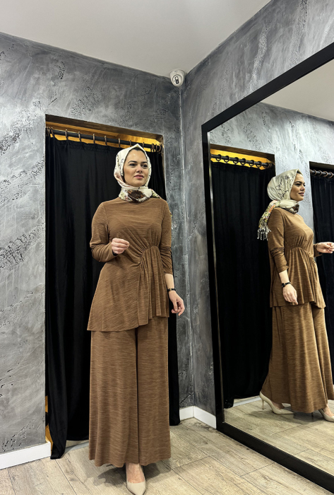 Noi Elenay Geniş Paça Pantolon Etek KOYU VİZON - 2