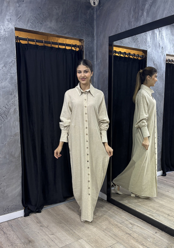 Noi En Boy Çizgili Viscone Cotton Gömlek Elbise BEJ 