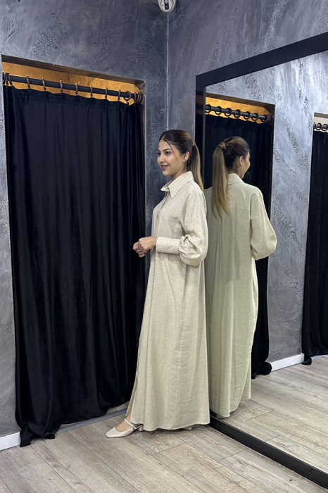 Noi En Boy Çizgili Viscone Cotton Gömlek Elbise BEJ - 2