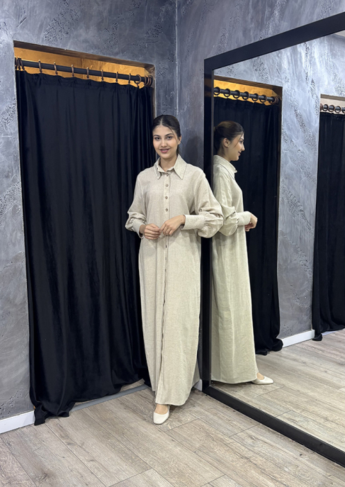 Noi En Boy Çizgili Viscone Cotton Gömlek Elbise BEJ - 3