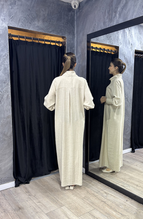 Noi En Boy Çizgili Viscone Cotton Gömlek Elbise BEJ - 4
