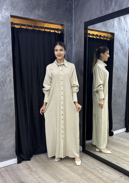 Noi En Boy Çizgili Viscone Cotton Gömlek Elbise BEJ - 5