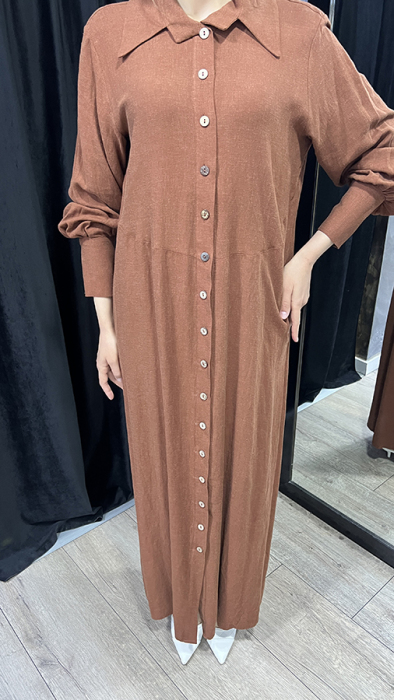 Noi En Boy Çizgili Viscone Cotton Gömlek Elbise KAHVERENGİ - 3