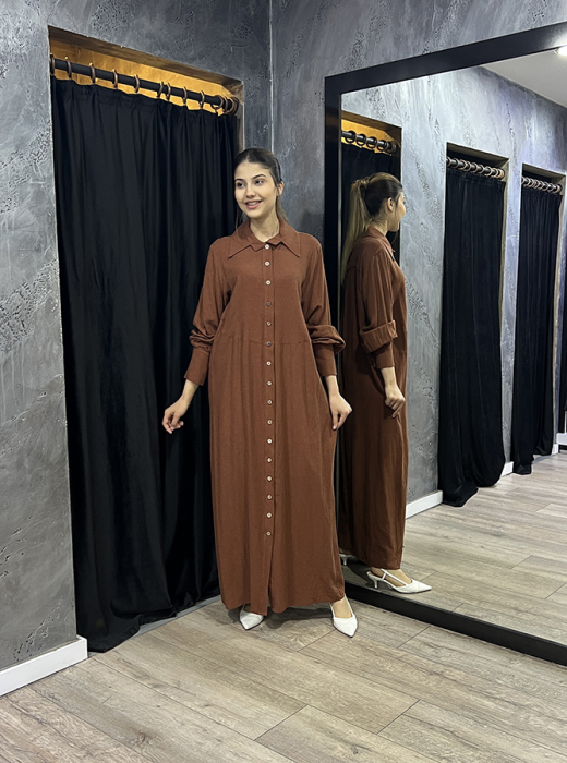 Noi En Boy Çizgili Viscone Cotton Gömlek Elbise KAHVERENGİ - 2
