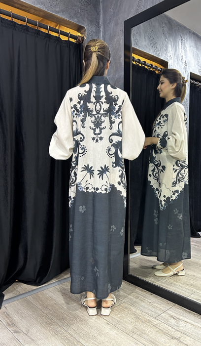 Noi Keten Bohemian Damask Desenli Gömelek Elbise BEJ - 2