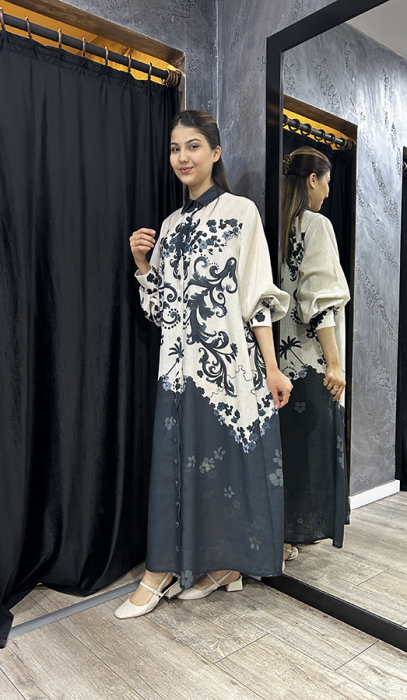Noi Keten Bohemian Damask Desenli Gömelek Elbise BEJ - 3