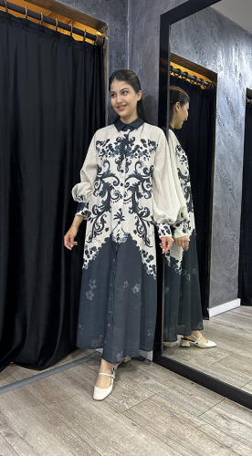Noi Keten Bohemian Damask Desenli Gömelek Elbise BEJ 