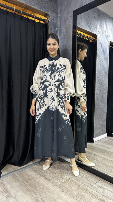 Noi Keten Bohemian Damask Desenli Gömelek Elbise BEJ - 4