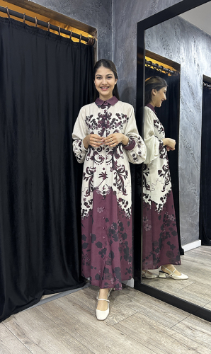 Noi Keten Bohemian Damask Desenli Gömelek Elbise BORDO 