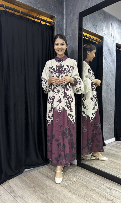 Noi Keten Bohemian Damask Desenli Gömelek Elbise BORDO - 1