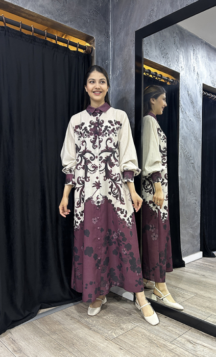 Noi Keten Bohemian Damask Desenli Gömelek Elbise BORDO - 2