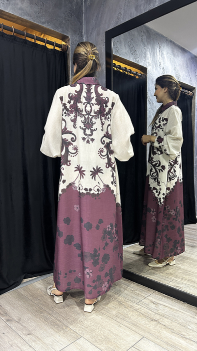 Noi Keten Bohemian Damask Desenli Gömelek Elbise BORDO - 3