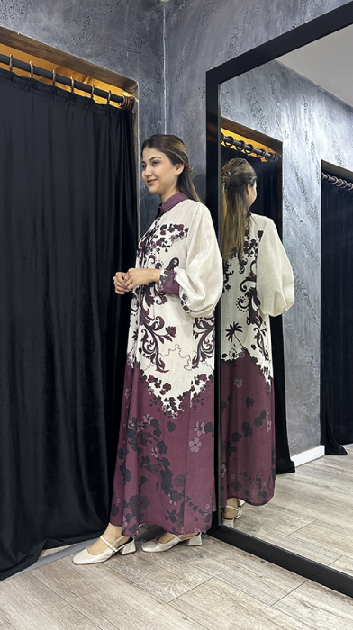 Noi Keten Bohemian Damask Desenli Gömelek Elbise BORDO - 4