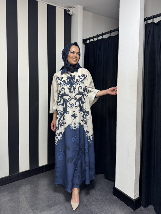 Noi Keten Bohemian Damask Desenli Gömelek Elbise LACİVERT - 1
