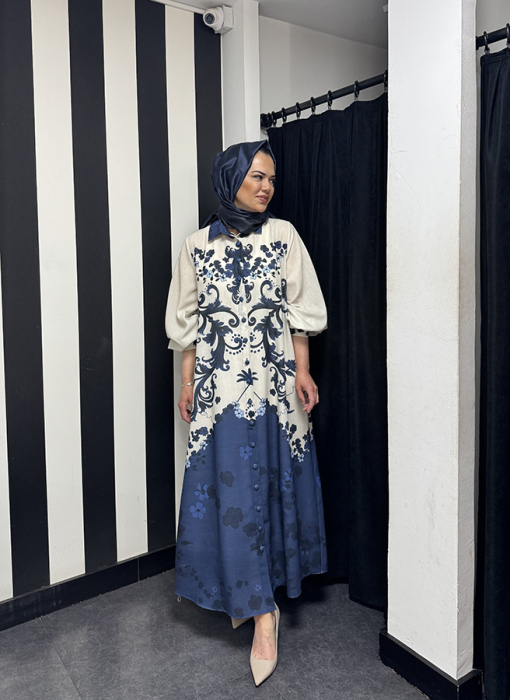 Noi Keten Bohemian Damask Desenli Gömelek Elbise LACİVERT - 2